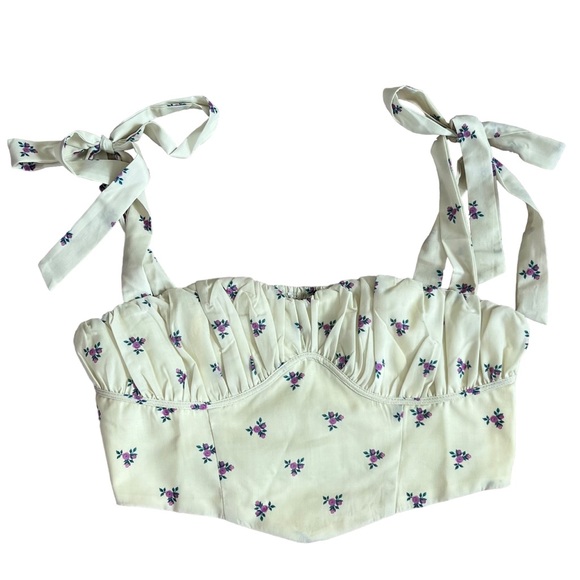 Princess Polly Tops - Princess Polly Cream Floral Tie-Strap Top